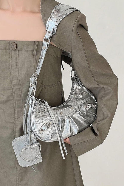 Rivet Metallic Faux Leather Shoulder Bag