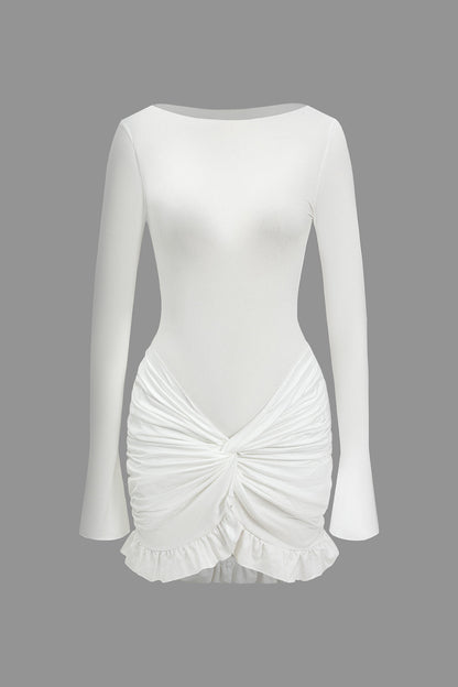 Solid Ruffle Ruched Twist Long Sleeve Mini Dress