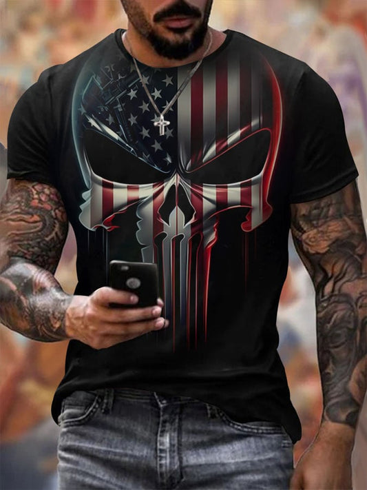 Men's Vintage Independence Day and Skull Print Short Sleeve T-Shirt