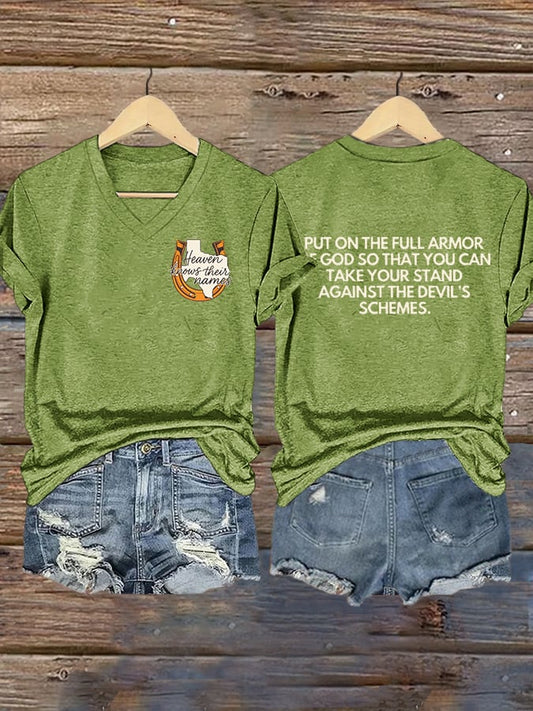 🙏💔Join us in praying for Texas.🙏V-Neck Retro Texas Strong Heaven Knows Their Names Put On The Full Armor Of God So That You Can Take Your Stand Against The Devil's Schemes Print T-Shirt