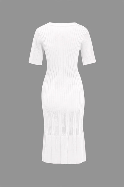 Solid Knit Button Round Neck Short Sleeve Dress