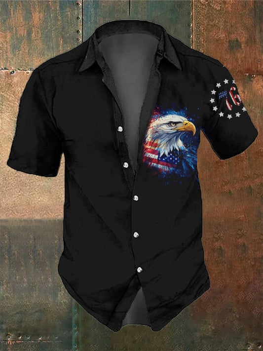 Men's Vintage Skull and Independence Day Print Short Sleeve Shirt