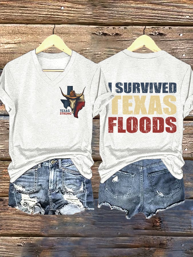 🙏💔Join us in praying for Texas.🙏Retro Texas Strong Cow Skull Texas State Flag I Survived Texas Floods Pray For Texas Print T-Shirt