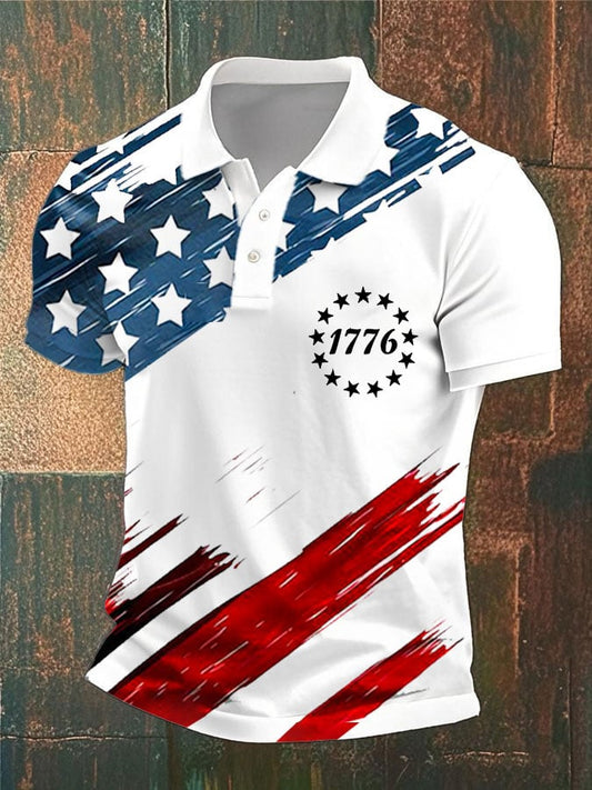 Men's Vintage Flag Independence Day 1776 Print Polo Shirt
