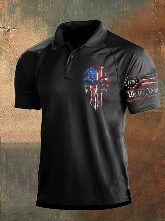 Men's Vintage Independence Day and Skull Print Button-Down Polo Shirt