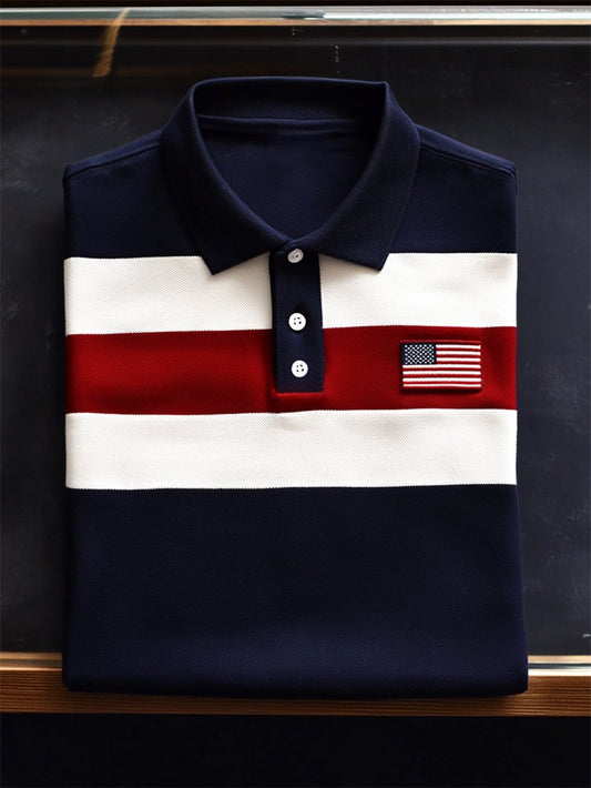Men's Business Casual Embroidery Independence Day Striped Button Short Sleeve Polo Shirt