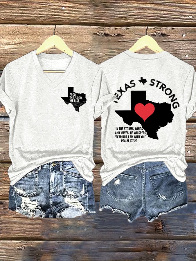🙏💔Join us in praying for Texas.🙏V-Neck Retro Texas Strong From The Flood, We Rise Texas Strong In The Storms, Winds And Waves, He Whispers,“Fear Not, I Am With You”— Psalm 107:29 Print T-Shirt