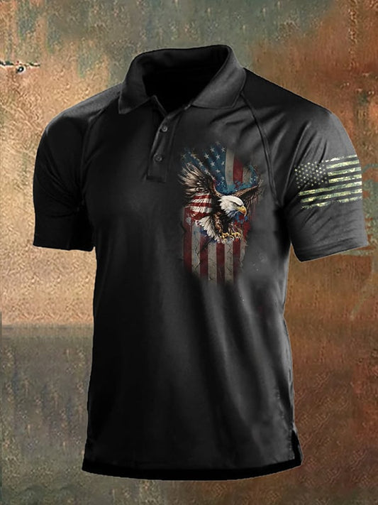 Men's Vintage Independence Day and Skull Print Button-Down Polo Shirt