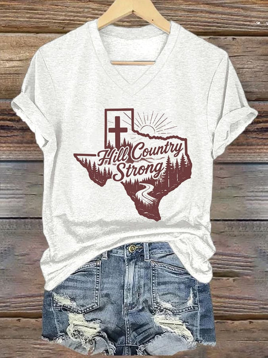 🙏💔Join us in praying for Texas.🙏Women's Texas Hill Country Strong Print V-Neck T-Shirt