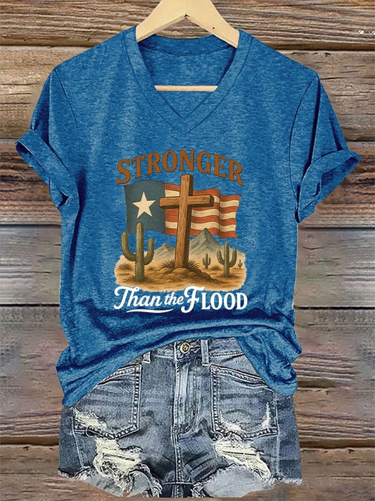 🙏💔Join us in praying for Texas.🙏V-Neck Retro Texas Strong Stronger Than The Flood Faith Cross Print T-Shirt