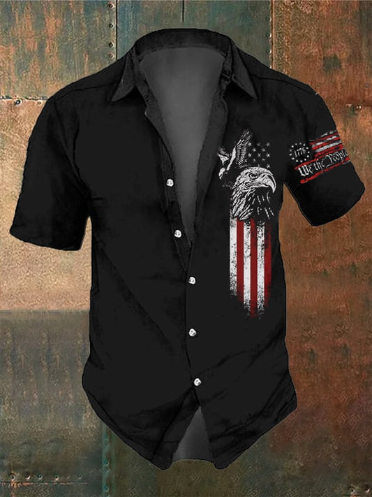 Men's Vintage Skull and Independence Day Print Short Sleeve Shirt