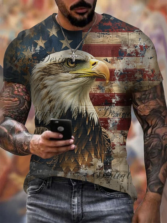 Men's Vintage Independence Day and Skull Print Short Sleeve T-Shirt