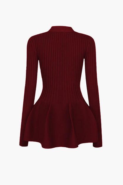 Solid V-neck Puff Hem Sweater Cardigan