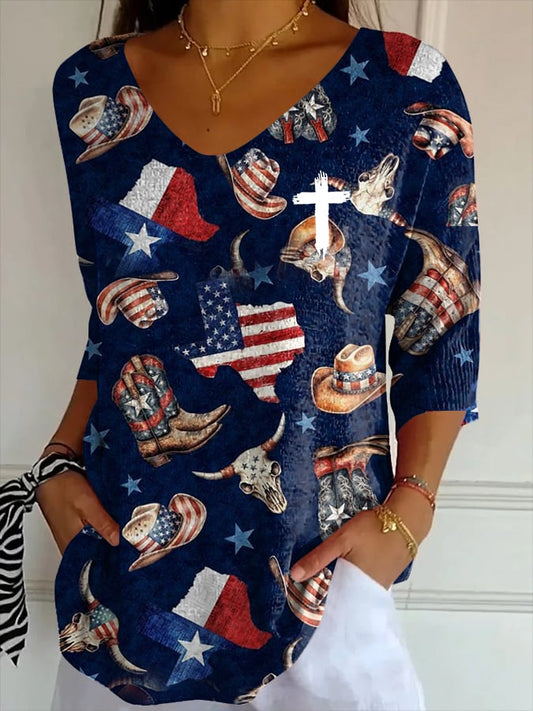 🙏💔Join us in praying for Texas.🙏Women's casual retro God Bless Texas print striped T-shirt
