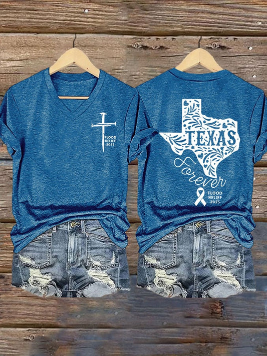 Women's Texas Flood TEXAS Forever Print V-Neck T-Shirt
