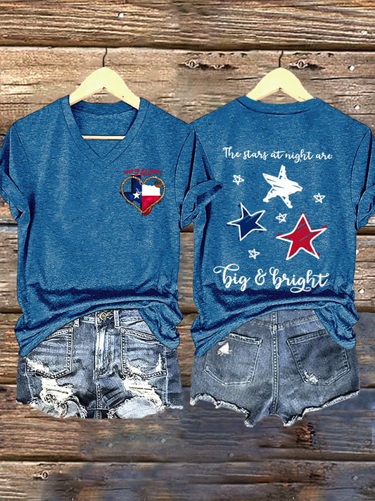 🙏💔Join us in praying for Texas.🙏V-Neck Retro Texas Strong The Stars At Night Are Big And Bright Deep In The Heart Of Texas Print T-Shirt