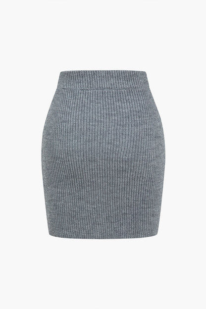 Solid  Knit Button V-neck Top And Mini Skirt Set