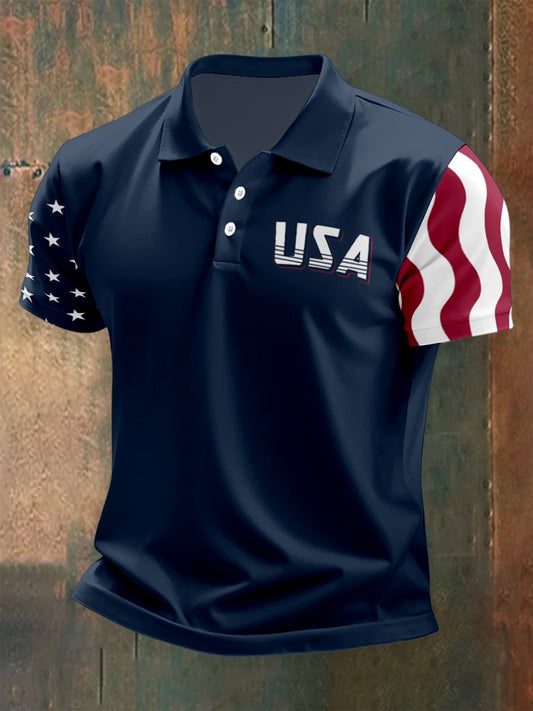 Men's Outdoor Independence Day American Flag Button Short Sleeve Polo Shirt