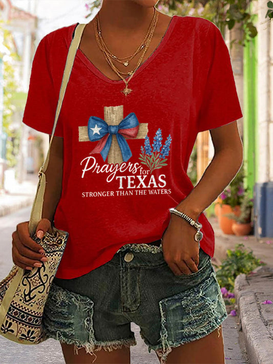 🙏💔Join us in praying for Texas.🙏V-Neck Retro Texas Strong Prayers For Texas Stronger Than The Waters Faith Cross Print T-Shirt