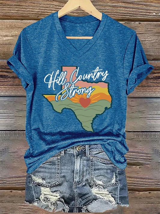 🙏💔Join us in praying for Texas.🙏V-Neck Retro Texas Strong Hill Country Strong Print T-Shirt