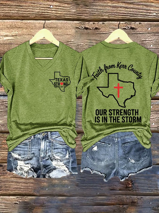 🙏💔Join us in praying for Texas.🙏V-Neck Retro Texas Strong Together We Rise Faith From Kerr County Our Strength Is In The Storm Print T-Shirt