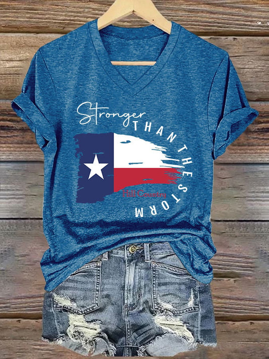 🙏💔Join us in praying for Texas.🙏V-Neck Retro Texas Strong Hill Country Stronger Than The Storm Print T-Shirt