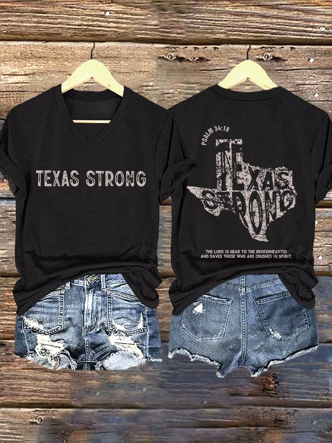 🙏💔Join us in praying for Texas.🙏V-Neck Retro Texas Strong Psalm 34:18 The Lord Is Near To The Brokenhearted And Saves Those Who Are Crushed In Spirit Print T-Shirt