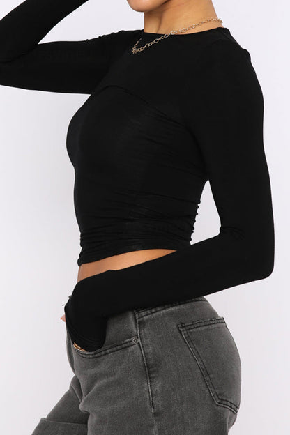 Basic Solid Round Neck Long Sleeve Top