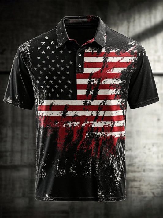 Men's Outdoor Independence Day American Flag Button Short Sleeve Polo Shirt