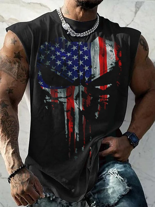 Men's Vintage Independence Day and Skull Print Vest