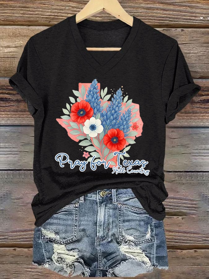 🙏💔Join us in praying for Texas.🙏V-Neck Retro Texas Strong Pray For Texas Hill Country Print T-Shirt