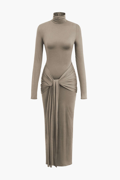 Wrap Ruched High Neck Long Sleeve Maxi Dress