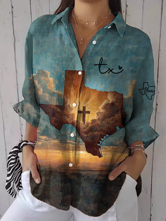 🙏💔Join us in praying for Texas.🙏Women's God Bless Texas Print Casual Cotton and Linen Shirt