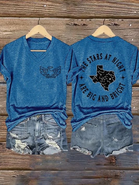🙏💔Join us in praying for Texas.🙏V-Neck Retro Texas Strong Psalm 34:18 The Lord Is Near To The Brokenhearted And Saves Those Who Are Crushed In Spirit .The Stars At Night Are Big And Bright Deep In The Heart Of Texas Print T-Shirt