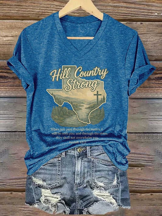 🙏💔Join us in praying for Texas.🙏V-Neck Retro Hill Country Strong When You Pass Through The Waters, I Will Be With You; And Through The Rivers, They Shall Not Overwhelm You.” Isaiah 43:2 Print T-Shirt