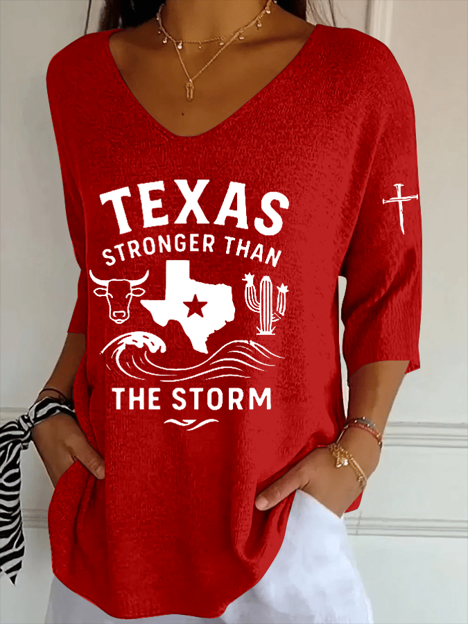 Women's Texas Stronger Than The Storm Striped Fabric Casual V Neck T-Shirt