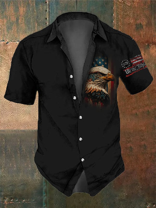 Men's Vintage Skull and Independence Day Print Short Sleeve Shirt