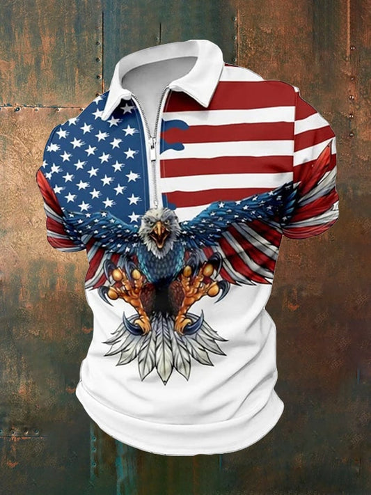 Men's Vintage American Flag Print Casual Polo Shirt