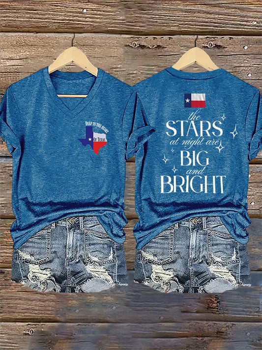 🙏💔Join us in praying for Texas.🙏V-Neck Retro Texas Strong The Stars At Night Are Big And Bright Deep In The Heart Of Texas Print T-Shirt