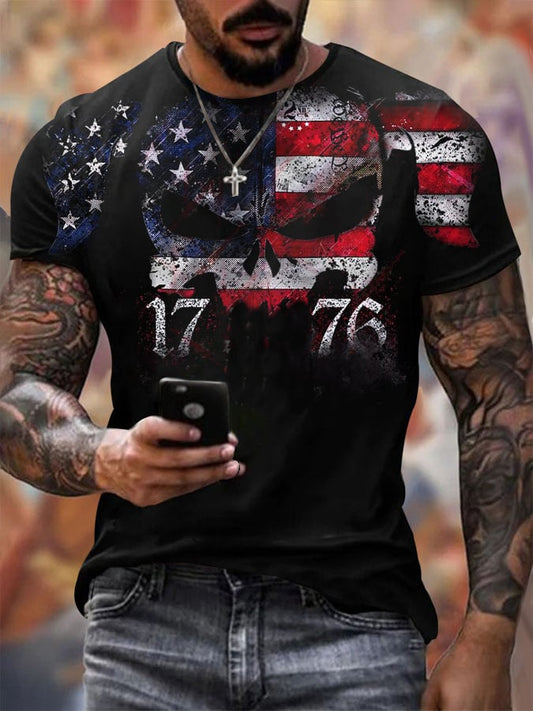 Men's Vintage Independence Day and Skull Print Short Sleeve T-Shirt