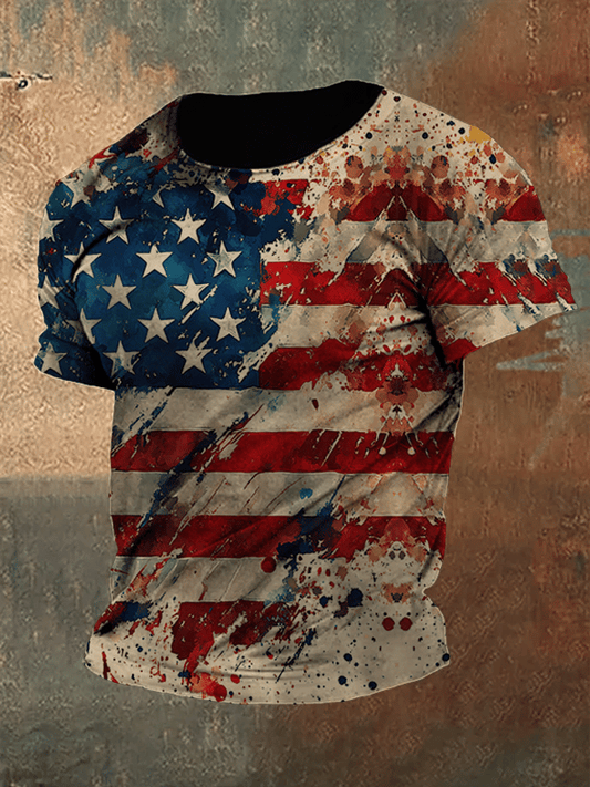 Men's Independence Day American Flag Button Short Sleeve T-Shirt