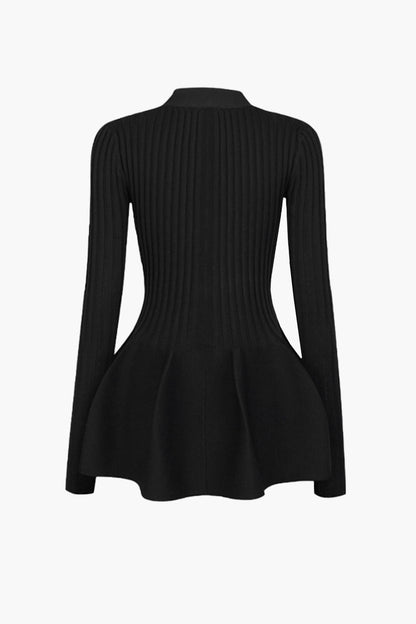Solid V-neck Puff Hem Sweater Cardigan