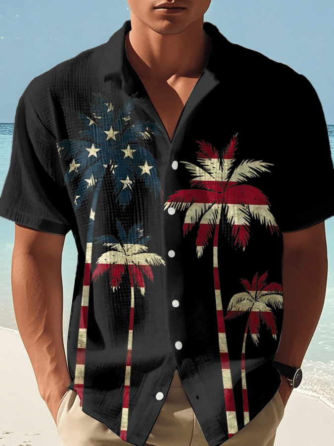 Men's Independence Day Palm Tree Print Casual Waffle Shirt