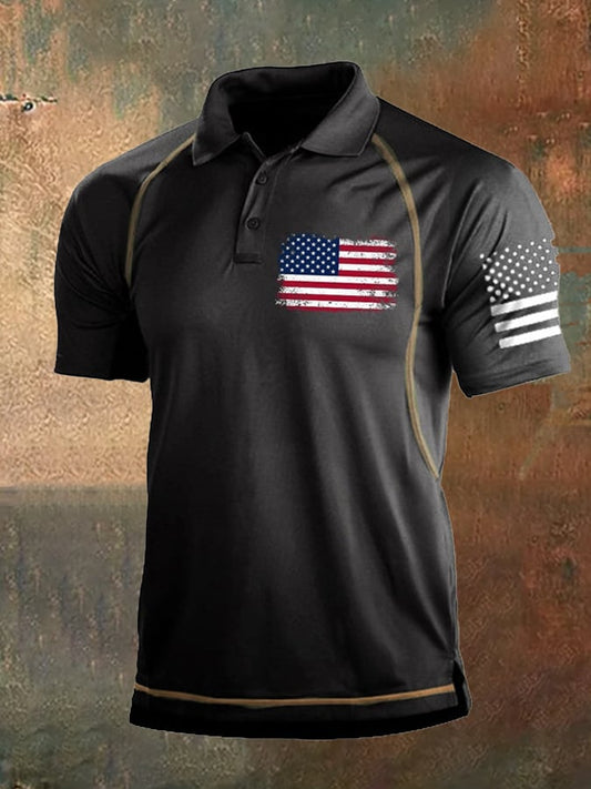Men's Vintage American Flag Independence Day Color Block Polo Shirt