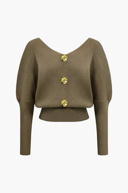 Solid Button V-Neck Sweater Long-Sleeve Top