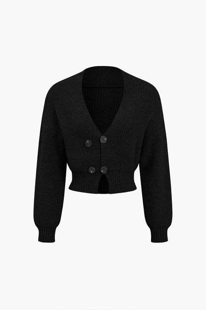 Solid  Knit Button V-neck Top And Mini Skirt Set