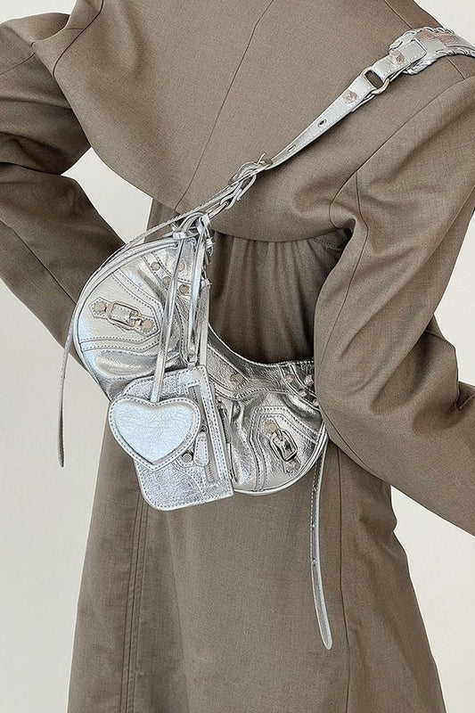 Rivet Metallic Faux Leather Shoulder Bag