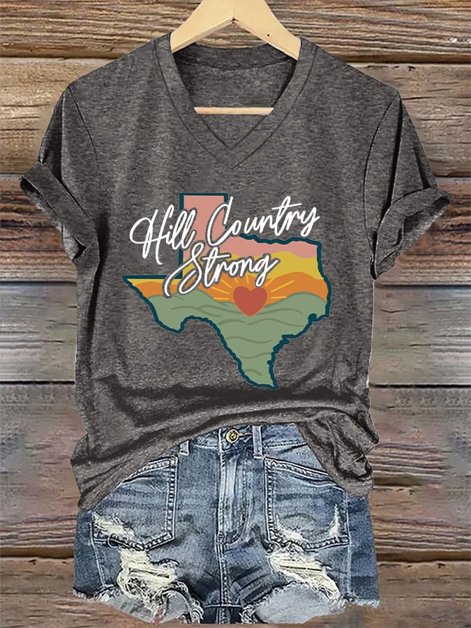 🙏💔Join us in praying for Texas.🙏V-Neck Retro Texas Strong Hill Country Strong Print T-Shirt