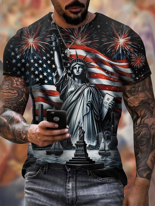 Men's Vintage Independence Day and Skull Print Short Sleeve T-Shirt