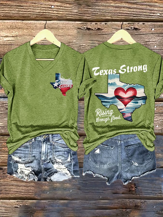 🙏💔Join us in praying for Texas.🙏V-Neck Retro Texas Strong Rising Through The Flood Love Heart Print T-Shirt